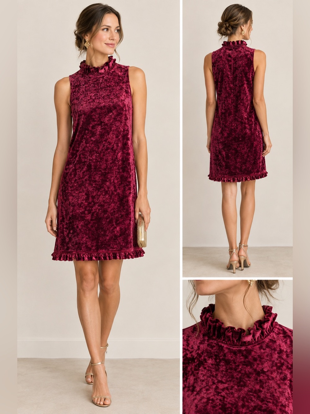 Annalee + Hope Burgundy Velvet Ruffle Neck Sleeveless Dress